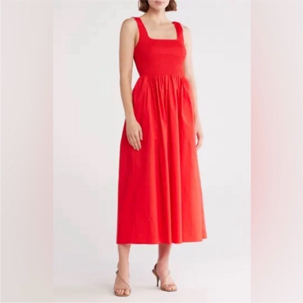 Wayf Red Square-Neck Smocked Cotton Blend Maxi Dress NORDSTROM